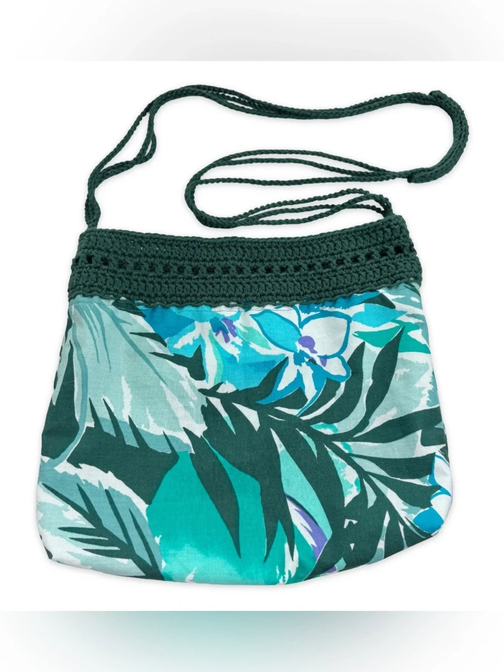 Handmade Crochet Fabric Shoulder Bag Boho Tropical Leaf Print Dark Green